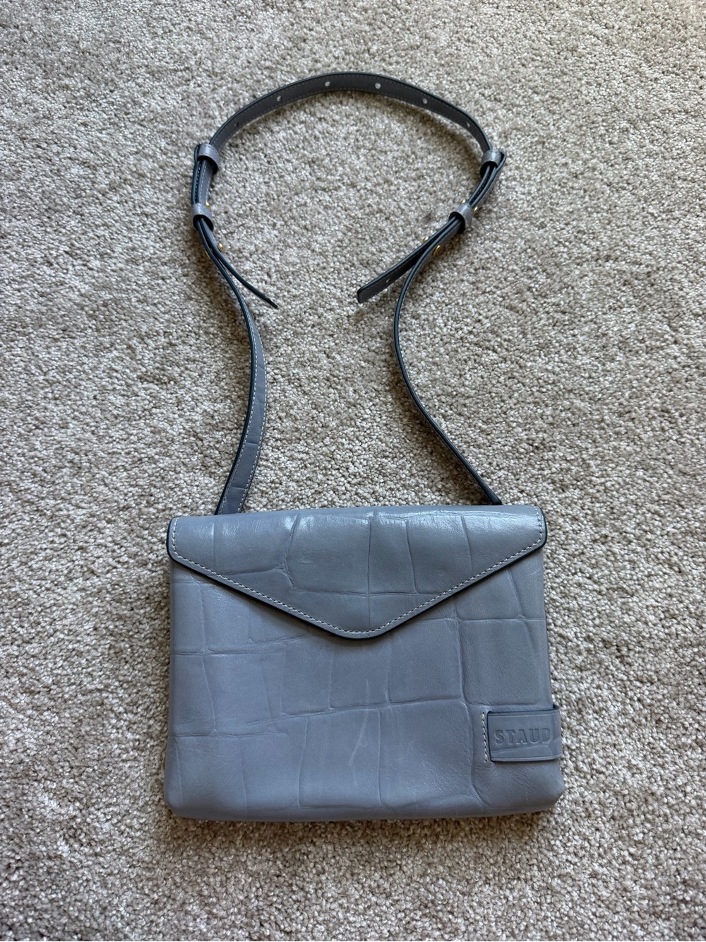 STAUD Blue Gray Croc-Embossed Leather Crossbody Bag